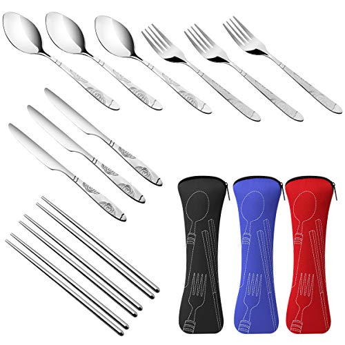 Arroyner 3 Pack Reusable Flatware Sets Knife, Fork, Spoon, Chopsticks, 12Pcs Portable Travel Stainless Steel Tableware Dinnerware with Carrying Case - Image 3