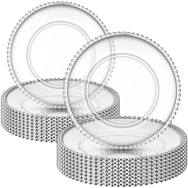 Zopeal 18 Pcs Plastic Beaded Charger Plates 13 Inch Round Dinner Chargers Silver Bead Charger for Dinner Clear Service Plates for Wedding Birthday Party Events Bridal Shower Tabletop Decoration