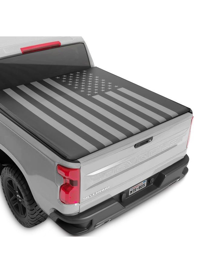MotorBox American Flag Truck Tonneau Cover for Chevy Silverado 1500 / GMC Sierra 1500 (2014-2018) with 6.6 ft Bed Length, Soft Roll-Up All-Weather Retractable Truck Bed Cover with Black Flag - Image 1