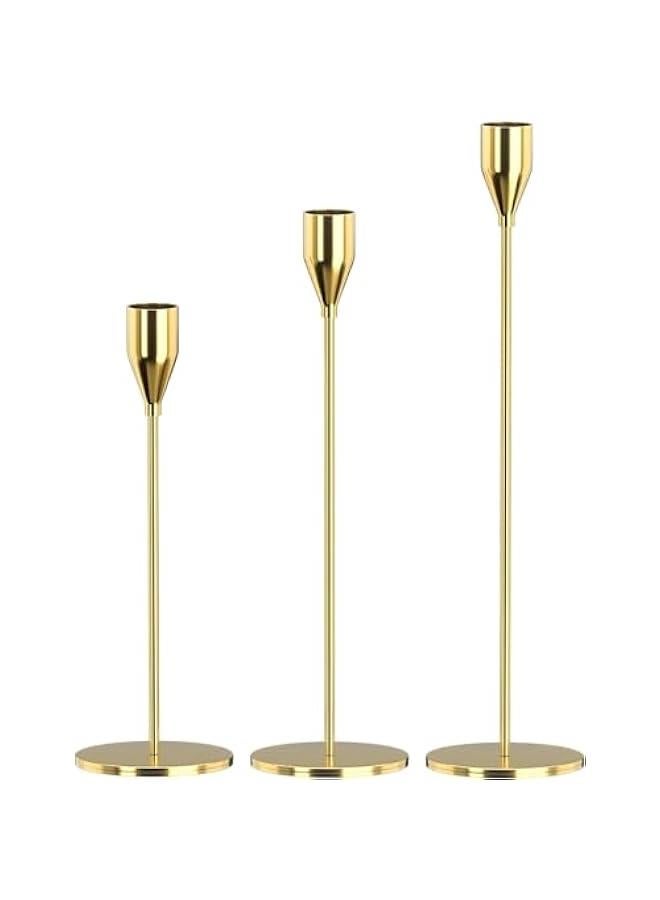 3Pcs Candlestick Holders, Metal Taper Candle Holder, Decorative Candle Holder Metal Candle Holder for Wedding, Dinning, Party, Ramadan, Home Decor (Gold) - Image 1
