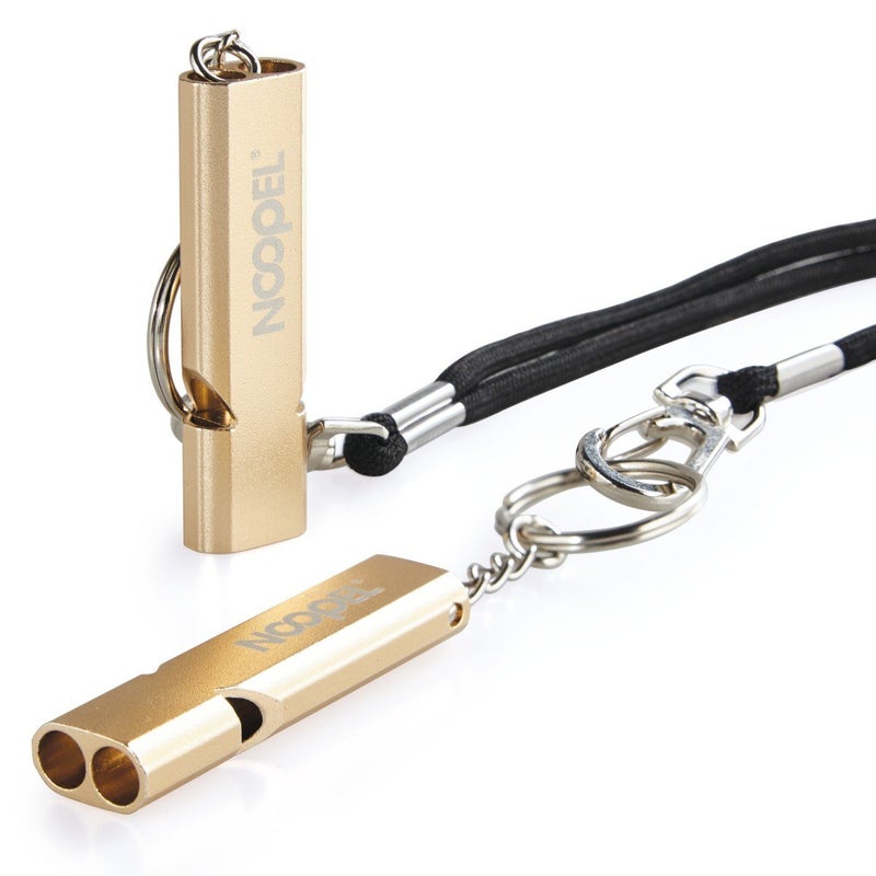 Noopel Emergency Survival Whistle Double Tubes Safety Whistle 2 Pack with Keychain for Boating Outdoor Camping Hiking Hunting Sports Dog Training (2 Pack Gold) - Image 1