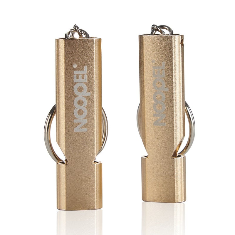 Noopel Emergency Survival Whistle Double Tubes Safety Whistle 2 Pack with Keychain for Boating Outdoor Camping Hiking Hunting Sports Dog Training (2 Pack Gold) - Image 2