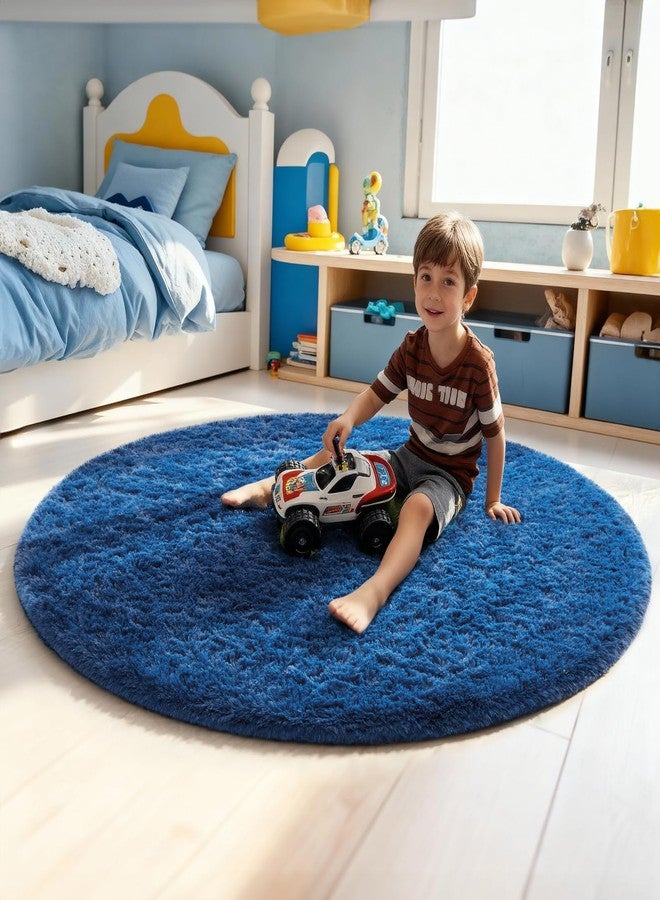 Ophanie Round Rug 5Ft Blue Circle Area Rug, Boys Room Decor, Fluffy Fuzzy Bedroom Carpet, Plush Soft Shaggy Living Room Rugs for Kids Home Decor Aesthetic, Nursery - Image 3