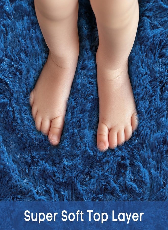 Ophanie Round Rug 5Ft Blue Circle Area Rug, Boys Room Decor, Fluffy Fuzzy Bedroom Carpet, Plush Soft Shaggy Living Room Rugs for Kids Home Decor Aesthetic, Nursery - Image 2