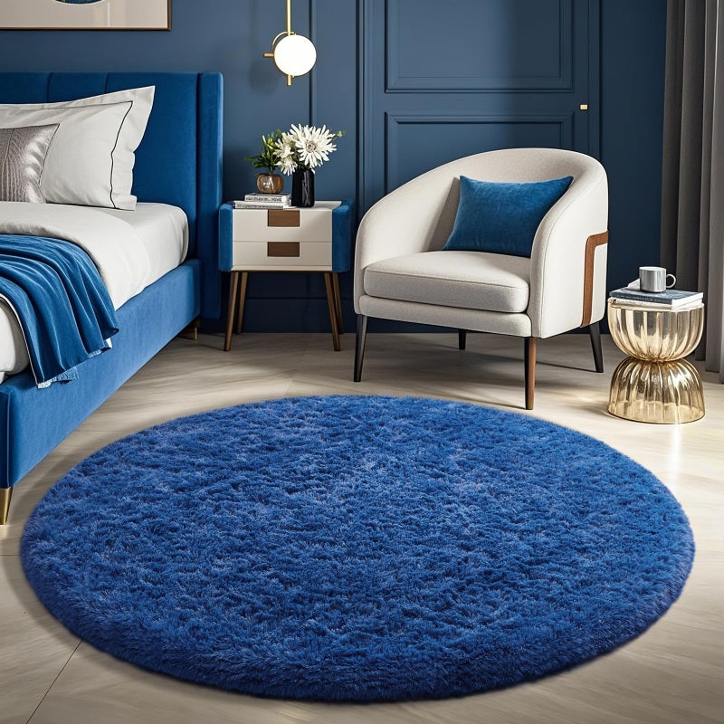 Ophanie Round Rug 5Ft Blue Circle Area Rug, Boys Room Decor, Fluffy Fuzzy Bedroom Carpet, Plush Soft Shaggy Living Room Rugs for Kids Home Decor Aesthetic, Nursery - Image 1