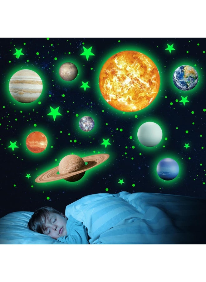 لوكسا 490  قطعة نجوم تتوهج في الظلام، ملصقات حائط لنظام الشمس مع الشمس والكواكب التسعة الرئيسية لغرفة النوم، زينة سقف الحضانة - Image 1