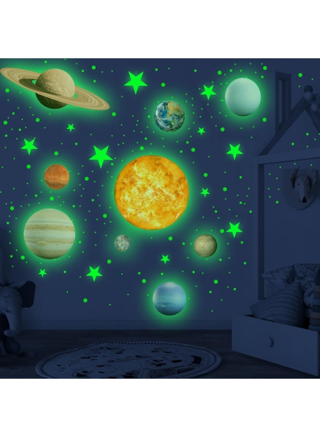 لوكسا 490  قطعة نجوم تتوهج في الظلام، ملصقات حائط لنظام الشمس مع الشمس والكواكب التسعة الرئيسية لغرفة النوم، زينة سقف الحضانة - Image 2