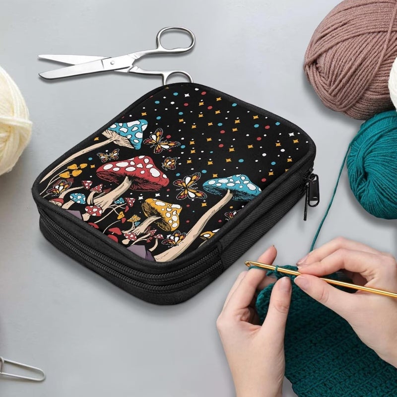 Vanideaoty Cartoon Mushroom Crochet Storage Organizer with Web Pockets Butterfly Knitting Needle Storage Vacation Portable Crochet Hook Case for Holiday Decor - Image 3