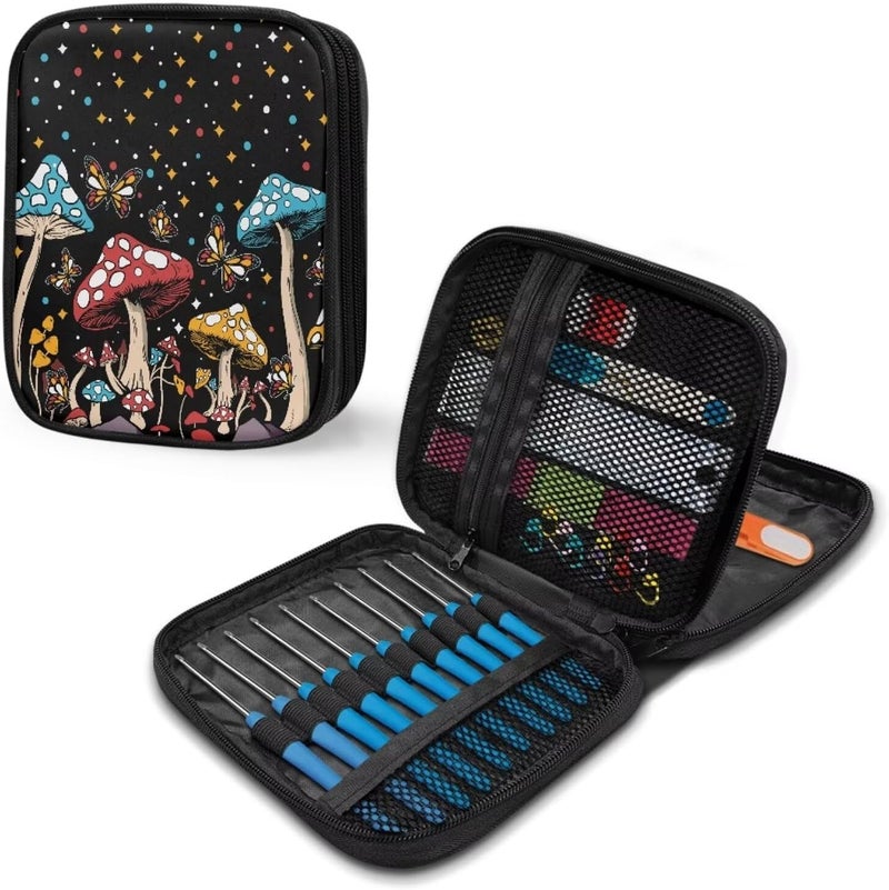 Vanideaoty Cartoon Mushroom Crochet Storage Organizer with Web Pockets Butterfly Knitting Needle Storage Vacation Portable Crochet Hook Case for Holiday Decor - Image 5