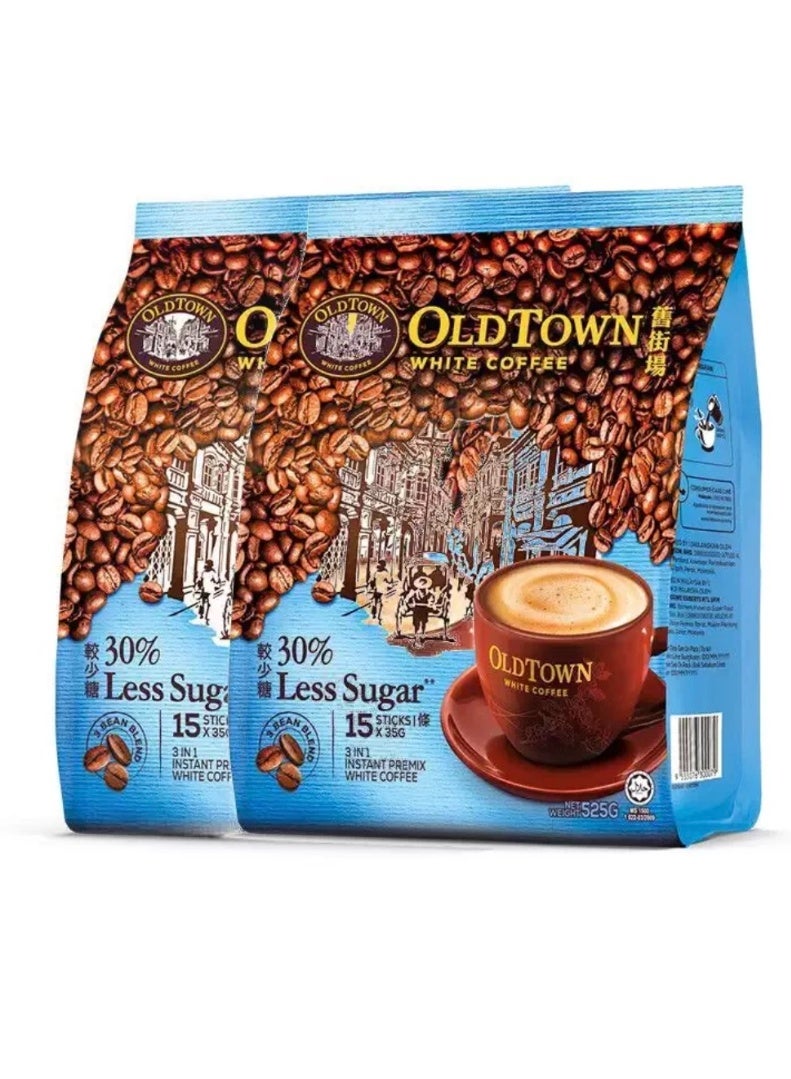 أولدتاون أولد تاون، 3 في 1، قهوة بيضاء سريعة التحضير، 30% سكر أقل، أصلية كلاسيكية، عبوتان، 525 غرام، ماليزيا