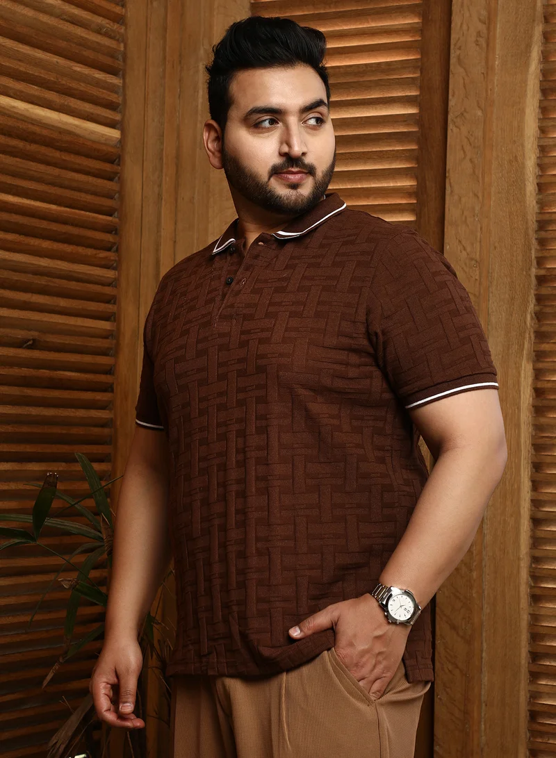 Instafab Plus Instafab Plus Men's Coffee Brown Weave-Textured Polo T-Shirt For Casual Wear | Polo Neck | Short Cuffed Sleeves | Half-Button Closure | Plus Size T-Shirt Crafted With Comfort Fit For Everyday Wear