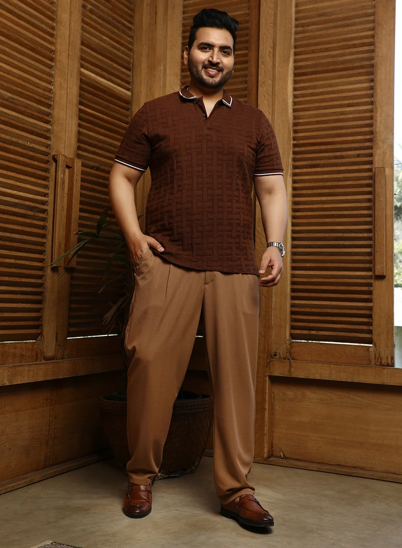 Instafab Plus Instafab Plus Men's Coffee Brown Weave-Textured Polo T-Shirt For Casual Wear | Polo Neck | Short Cuffed Sleeves | Half-Button Closure | Plus Size T-Shirt Crafted With Comfort Fit For Everyday Wear