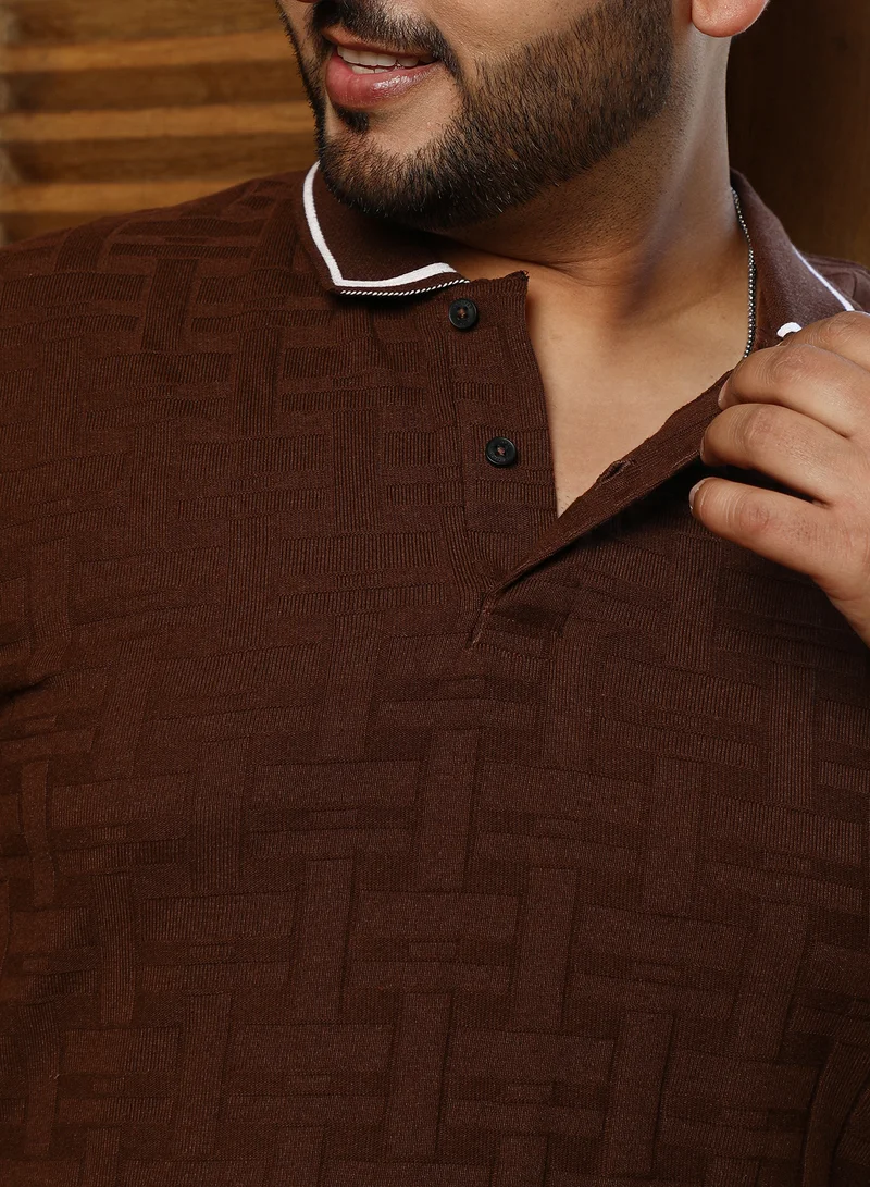 Instafab Plus Instafab Plus Men's Coffee Brown Weave-Textured Polo T-Shirt For Casual Wear | Polo Neck | Short Cuffed Sleeves | Half-Button Closure | Plus Size T-Shirt Crafted With Comfort Fit For Everyday Wear