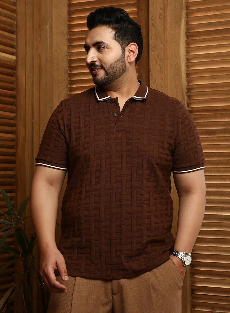 انستافاب بلس Instafab Plus Men's Coffee Brown Weave-Textured Polo T-Shirt For Casual Wear | Polo Neck | Short Cuffed Sleeves | Half-Button Closure | Plus Size T-Shirt Crafted With Comfort Fit For Everyday Wear
