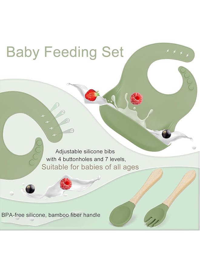 هوكور مجموعة تغذية الطفل، لوازم فطام الطفل، مع وعاء شفط وطبق مقسم، ومجموعة أطباق إطعام الطفل مع ملاعق وشوك وكوب شرب ومريلة قابلة للتعديل وأدوات طعام للأطفال من عمر 6 أشهر فما فوق (أخضر) - Image 2