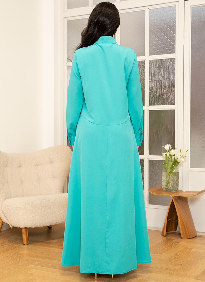 فرايديين انيق طوق متقلب اللون الصامد جيب ازرار زين كم القميص فساتين طويلة اخضر فاتح - Image 2