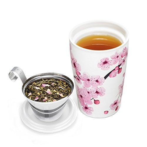 Tea Forte Double-Walled Ceramic Kati Cup, Removable Stainless Steel Infuser Basket and Lid, Steeps 12 oz Loose Leaf Tea, Dishwasher & Microwave Safe, Hanami - Image 4