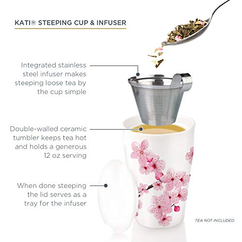 Tea Forte Double-Walled Ceramic Kati Cup, Removable Stainless Steel Infuser Basket and Lid, Steeps 12 oz Loose Leaf Tea, Dishwasher & Microwave Safe, Hanami - Image 2