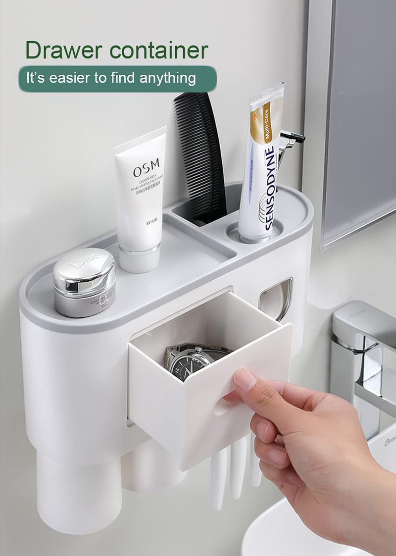 TGOPIT Toothbrush Holder Wall Mounted Automatic Toothpaste Dispenser Squeezer Kit With Holders For BathroomShelf Magnetic Cups Toothpaste Holder2 CupAbs Plastic White - Image 2