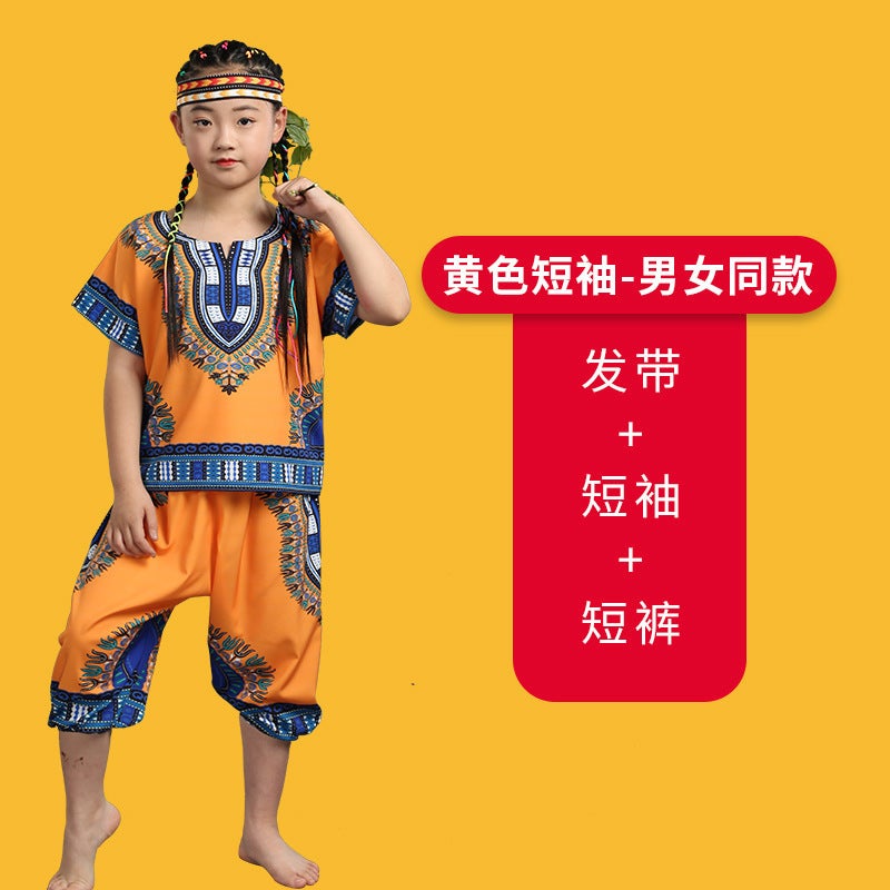 Six One African Drum Performance Clothing suit Men and Women Indian Dance Adult Children Dai Ethnic Style Performance Clothing Yellow short sleeves, same style for men and women
