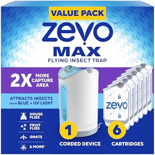 Zevo MAX Bug Catcher & Fly Trap for Indoors - Flying Insect Trap for Gnats, House & Fruit Flies - Use in Any Room - No-Mess Disposal (1 Plug in Base & 6 Cartridges) - Image 1