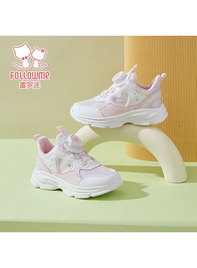 Fulomi Girls' Sports Shoes Spring And Autumn Large Kids Convenient Dial Buckle Soft Sole Casual Shoes White/pink Size 35