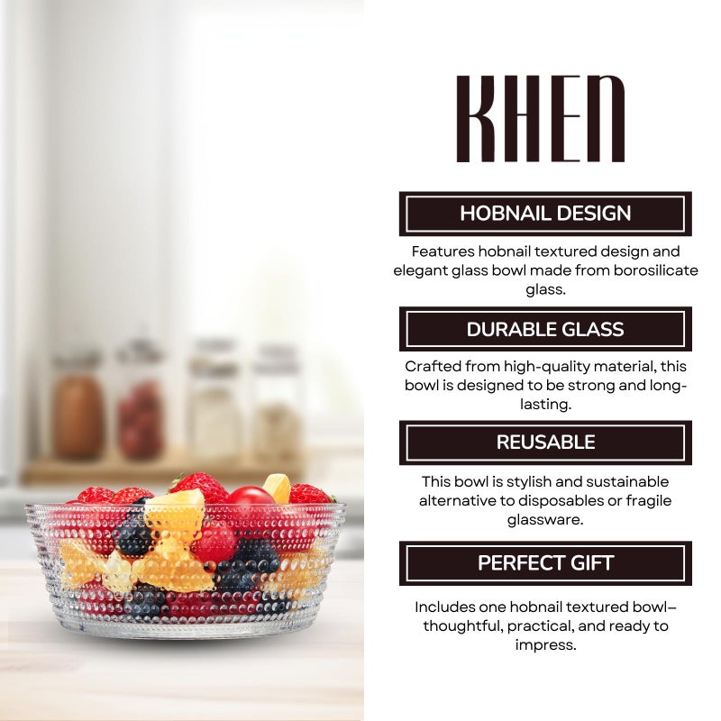 Khen Hobnail Glass Bowl Breaded Clear Borosilicate Decorative Tableware for Fruit, Salad or Centerpiece Display, Vintage Style 7 Inch Round Dish Ideal for Dining Table, Coffee Table or Kitchen Use - Image 5