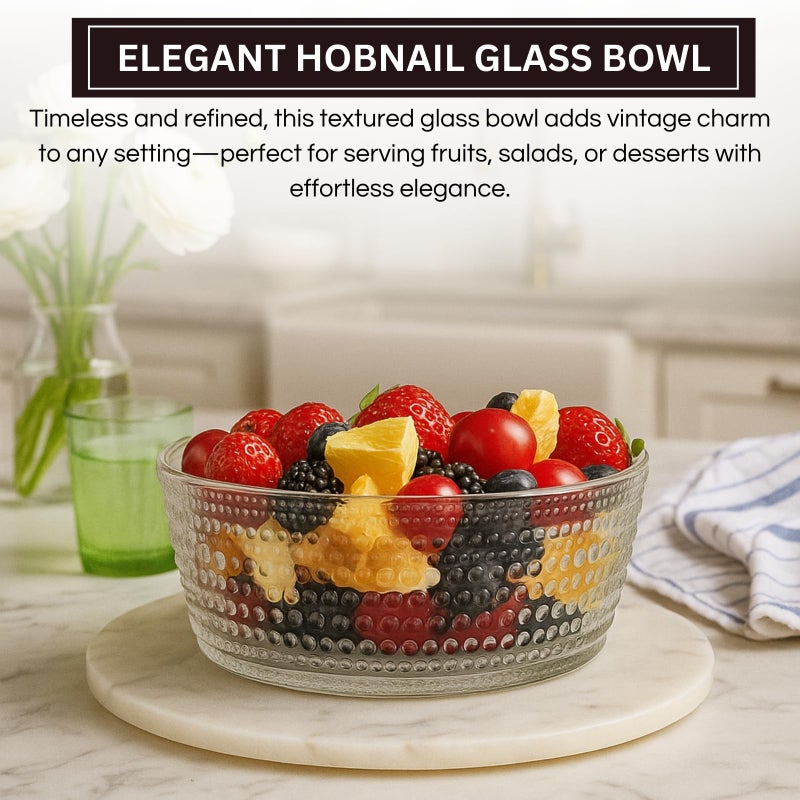 Khen Hobnail Glass Bowl Breaded Clear Borosilicate Decorative Tableware for Fruit, Salad or Centerpiece Display, Vintage Style 7 Inch Round Dish Ideal for Dining Table, Coffee Table or Kitchen Use - Image 3