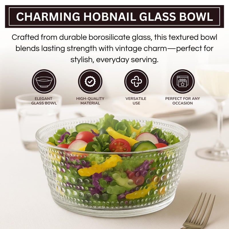 Khen Hobnail Glass Bowl Breaded Clear Borosilicate Decorative Tableware for Fruit, Salad or Centerpiece Display, Vintage Style 7 Inch Round Dish Ideal for Dining Table, Coffee Table or Kitchen Use - Image 4