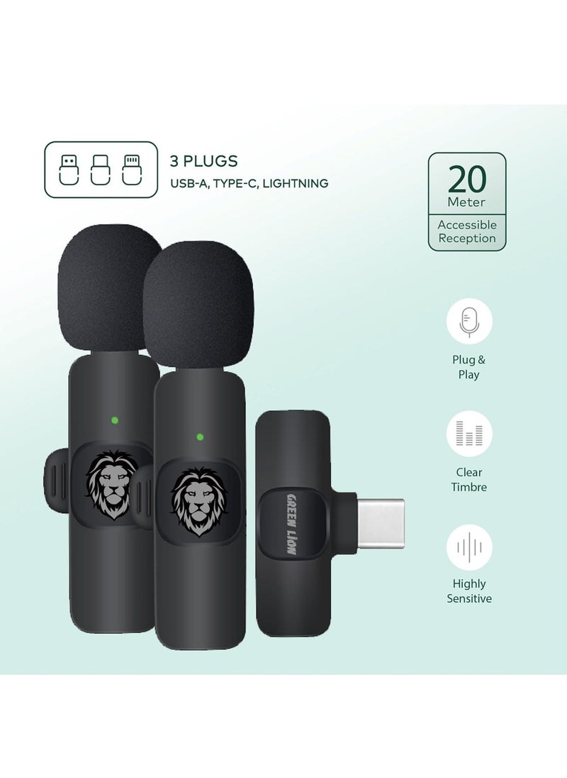 GREEN LION - 3 In 1 Wireless Microphone / 60mAh Battery Capacity / USB-A / Type-C / Lightning Plugs / 20m Accessible Reception / -42DB Sensitivity / Highly Sensitive / Digital Silicon Microphone / 64DBM Adaptive Noise Reduction / Clear Timbre / Plug & Play - Black - Image 1