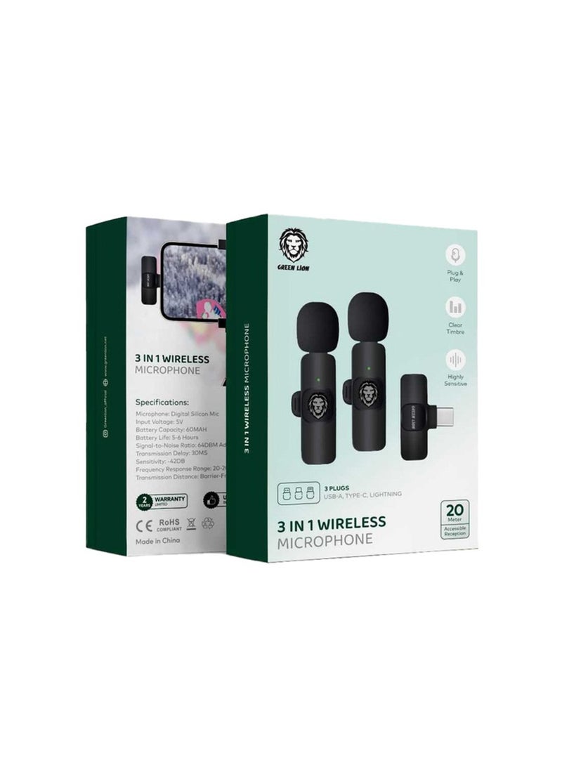 GREEN LION - 3 In 1 Wireless Microphone / 60mAh Battery Capacity / USB-A / Type-C / Lightning Plugs / 20m Accessible Reception / -42DB Sensitivity / Highly Sensitive / Digital Silicon Microphone / 64DBM Adaptive Noise Reduction / Clear Timbre / Plug & Play - Black - Image 1