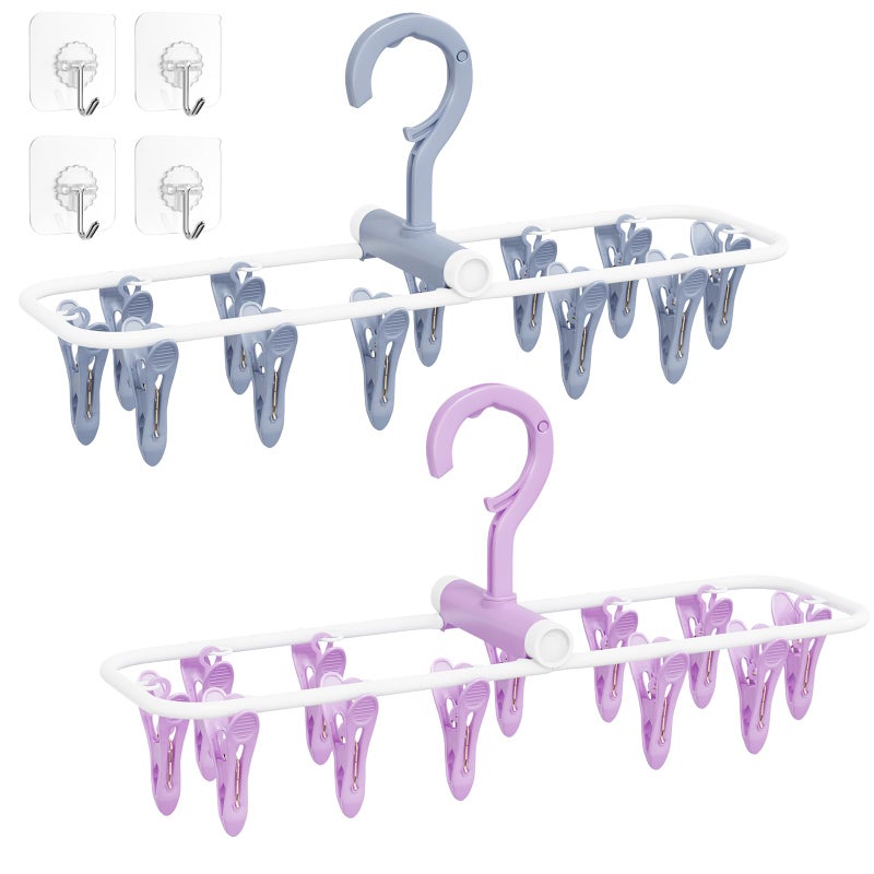 Aolloa Clothes Drying Hanger With 12 Clips  2 Pack Folding Portable Hanging Drying Rack Drip Foldable Hanging Rack  360 Rotatable Hook For Drying Towels Bras Baby Clothes Gloves Plastic(Blue&Purple) - Image 1