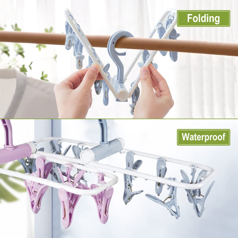 Aolloa Clothes Drying Hanger With 12 Clips  2 Pack Folding Portable Hanging Drying Rack Drip Foldable Hanging Rack  360 Rotatable Hook For Drying Towels Bras Baby Clothes Gloves Plastic(Blue&Purple) - Image 3