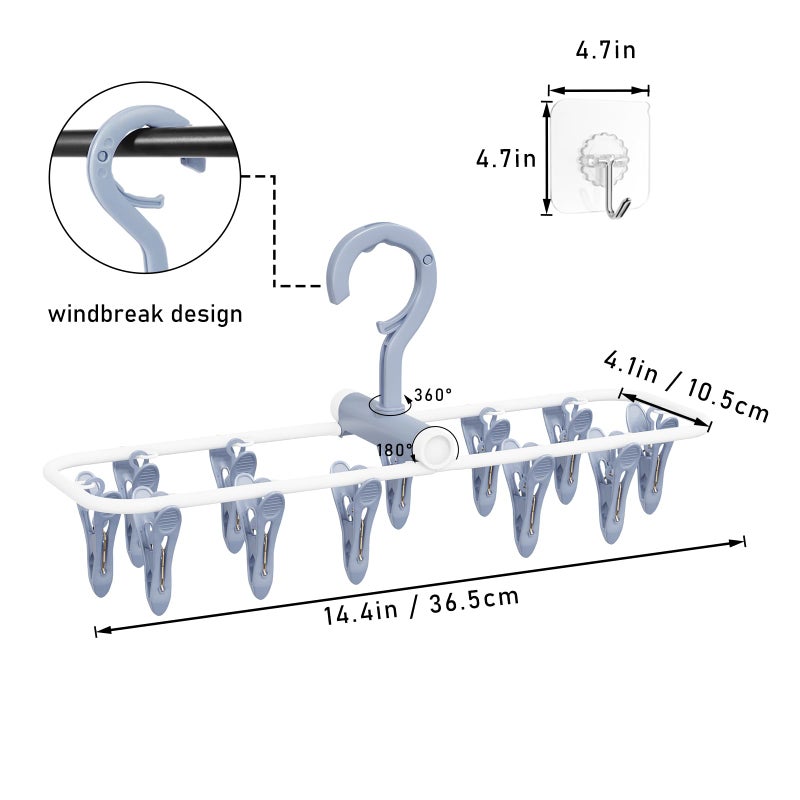 Aolloa Clothes Drying Hanger With 12 Clips  2 Pack Folding Portable Hanging Drying Rack Drip Foldable Hanging Rack  360 Rotatable Hook For Drying Towels Bras Baby Clothes Gloves Plastic(Blue&Purple) - Image 2