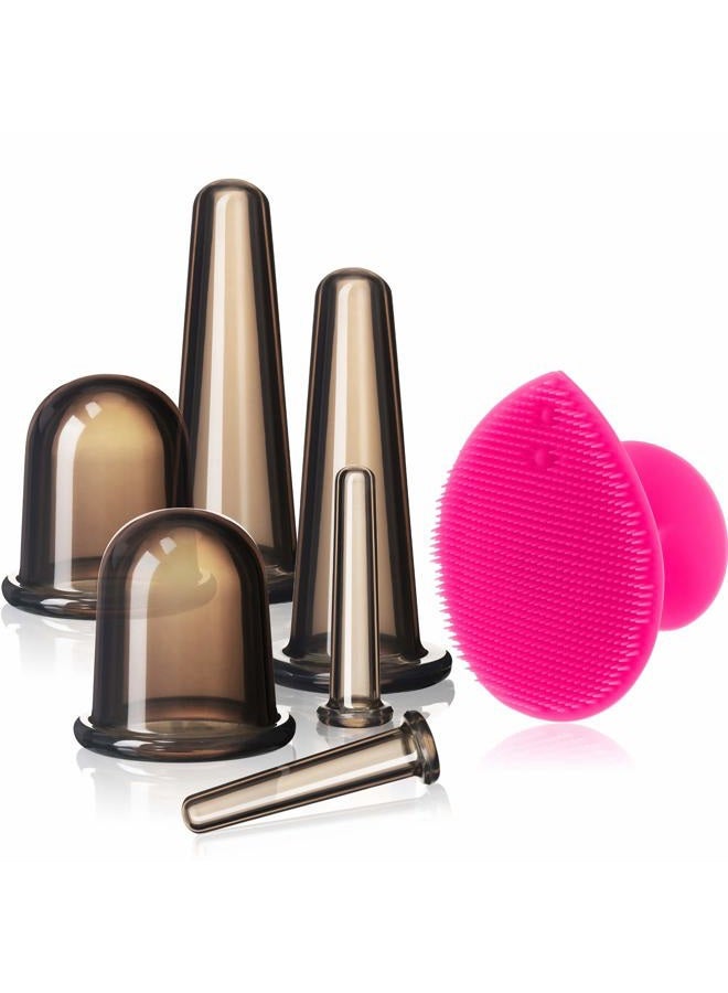 BBTO Silicone Facial Cupping Set, Vacuum Massage Cup Kit for Body, Face, Neck, Back, and Eye, 6 Cups and Exfoliating Brush(Black) - Image 1