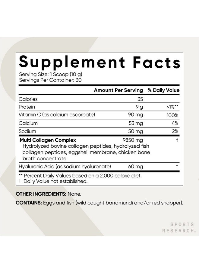 SPORTS RESEARCH - Multi Collagen Protein Powder (Type I Ii Iii V X) With Hyaluronic Acid + Vitamin C ; 5 Types Of Food Based Collagen 30 Servings (Unflavored) - Image 1