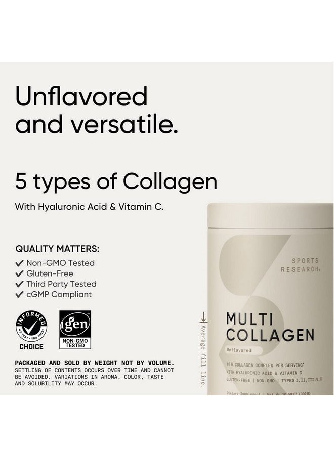 SPORTS RESEARCH - Multi Collagen Protein Powder (Type I Ii Iii V X) With Hyaluronic Acid + Vitamin C ; 5 Types Of Food Based Collagen 30 Servings (Unflavored) - Image 1