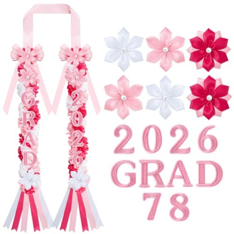 2026 Graduation Lei, Pink Graduation Floral Ribbon Lei Class of 2026 Flower Braided Garland Necklace for High School College DIY Gift - Image 1