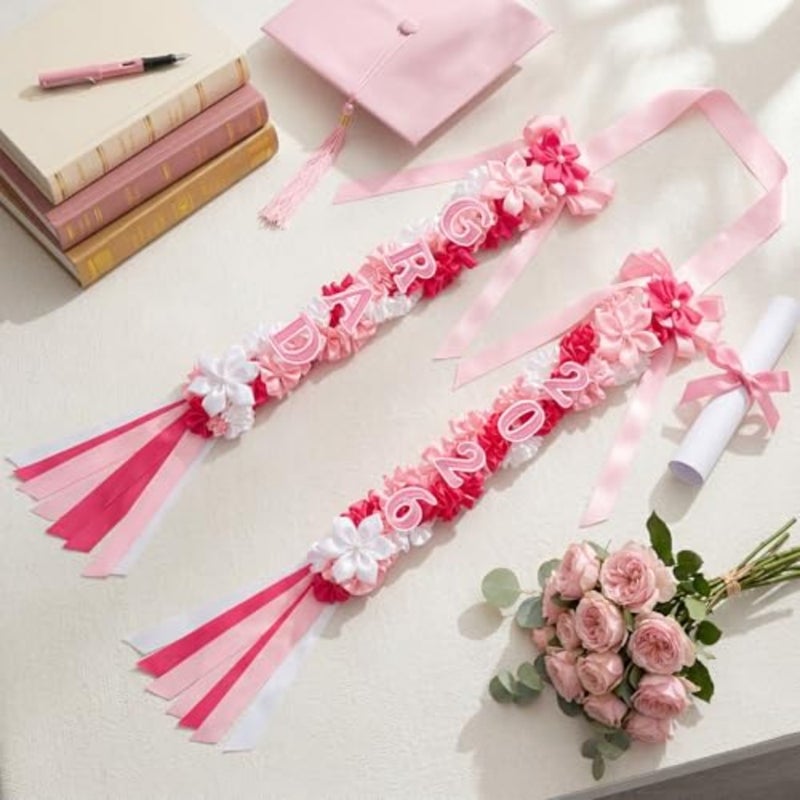 2026 Graduation Lei, Pink Graduation Floral Ribbon Lei Class of 2026 Flower Braided Garland Necklace for High School College DIY Gift - Image 5