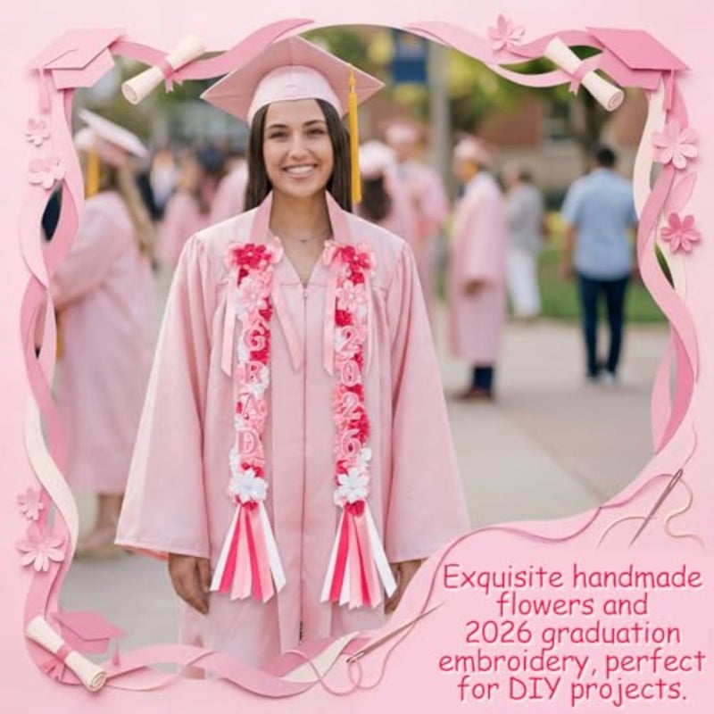 2026 Graduation Lei, Pink Graduation Floral Ribbon Lei Class of 2026 Flower Braided Garland Necklace for High School College DIY Gift - Image 2