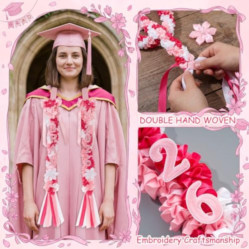 2026 Graduation Lei, Pink Graduation Floral Ribbon Lei Class of 2026 Flower Braided Garland Necklace for High School College DIY Gift - Image 3