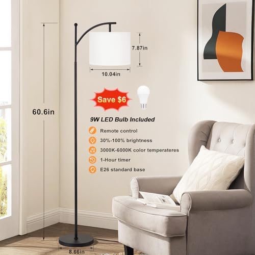 Ambimall 60" Floor Lamp with Remote Control and Stepless Dimmable Bulb, Colors Temperature & Brightness Adjustable, Modern Floor Lamps for Living Room, White Shade & Black Pole - Image 2