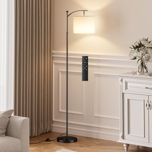 Ambimall 60" Floor Lamp with Remote Control and Stepless Dimmable Bulb, Colors Temperature & Brightness Adjustable, Modern Floor Lamps for Living Room, White Shade & Black Pole - Image 1