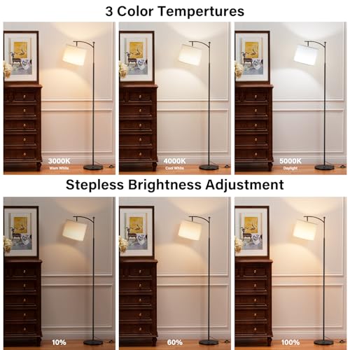 Ambimall 60" Floor Lamp with Remote Control and Stepless Dimmable Bulb, Colors Temperature & Brightness Adjustable, Modern Floor Lamps for Living Room, White Shade & Black Pole - Image 3