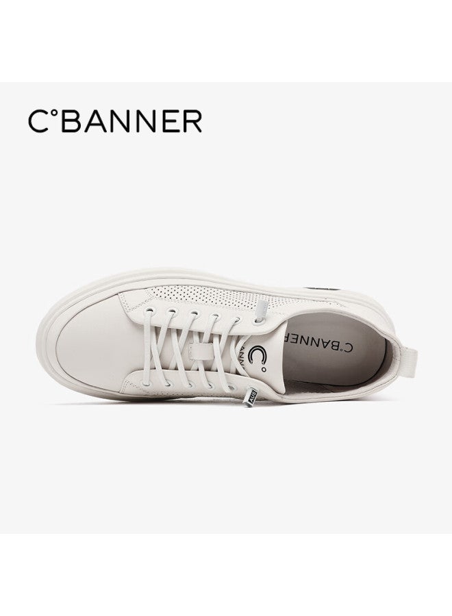 C.banner Top Layer Cowhide Summer Men's Shoes Trendy White Shoes Fashionable Comfortable Casual Board Shoes White Breathable Punching 42 - Image 5