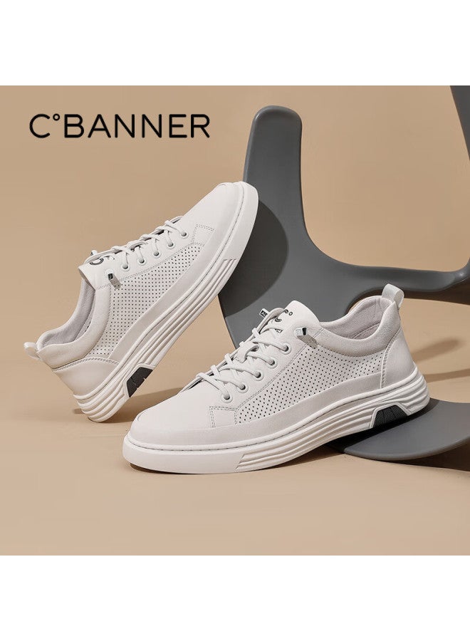 C.banner Top Layer Cowhide Summer Men's Shoes Trendy White Shoes Fashionable Comfortable Casual Board Shoes White Breathable Punching 42 - Image 1