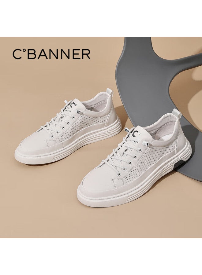 C.banner Top Layer Cowhide Summer Men's Shoes Trendy White Shoes Fashionable Comfortable Casual Board Shoes White Breathable Punching 42 - Image 3