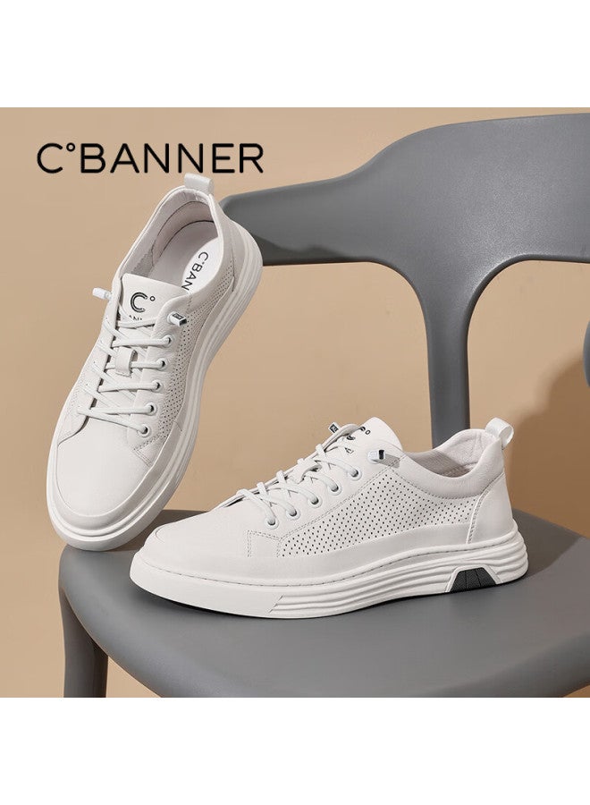 C.banner Top Layer Cowhide Summer Men's Shoes Trendy White Shoes Fashionable Comfortable Casual Board Shoes White Breathable Punching 42 - Image 4