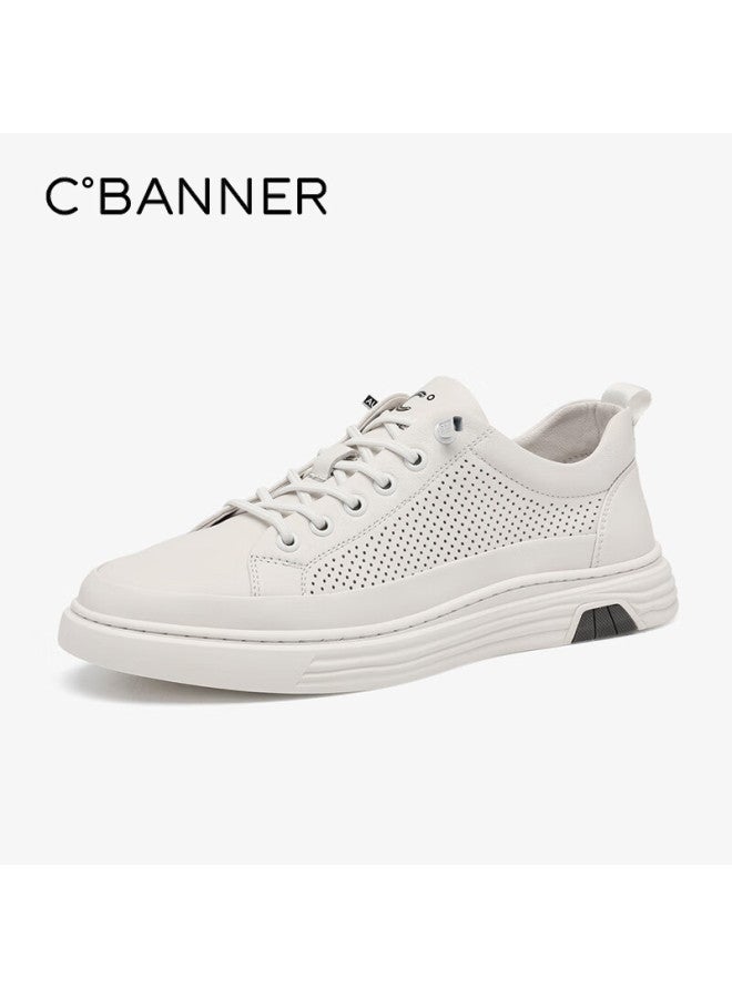 C.banner Top Layer Cowhide Summer Men's Shoes Trendy White Shoes Fashionable Comfortable Casual Board Shoes White Breathable Punching 42 - Image 2