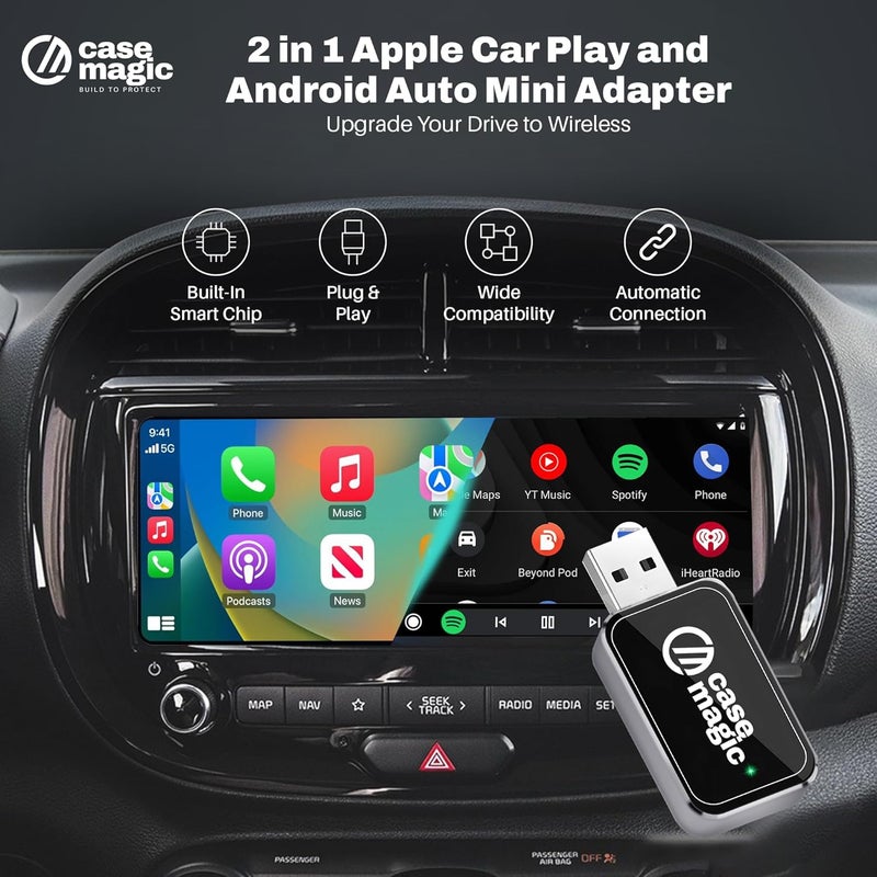 case-magic 2-in-1 Wireless Car Receiver with Bluetooth Connectivity| Converts Wired Auto Android & CarPlay to Wireless, Compatible only with Cars with OEM Installed Wired Android Auto/CarPlay (Black) - Image 2